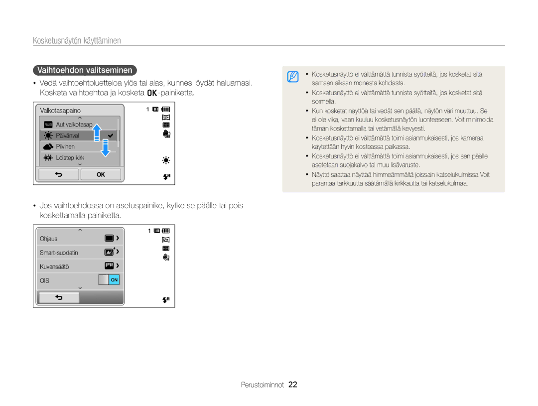 Samsung EC-ST700ZBPSE2, EC-ST700ZBPBE2 manual Kosketusnäytön käyttäminen, Vaihtoehdon valitseminen 