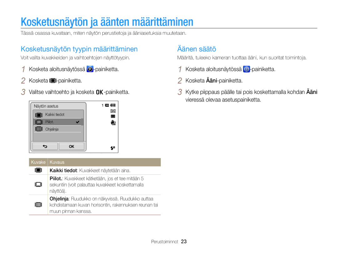 Samsung EC-ST700ZBPBE2 manual Kosketusnäytön ja äänten määrittäminen, Kosketusnäytön tyypin määrittäminen, Äänen säätö 