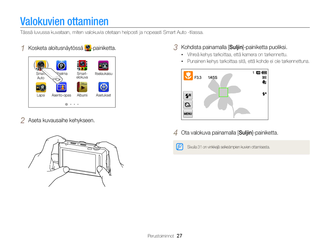 Samsung EC-ST700ZBPBE2, EC-ST700ZBPSE2 manual Valokuvien ottaminen, Kosketa aloitusnäytössä 