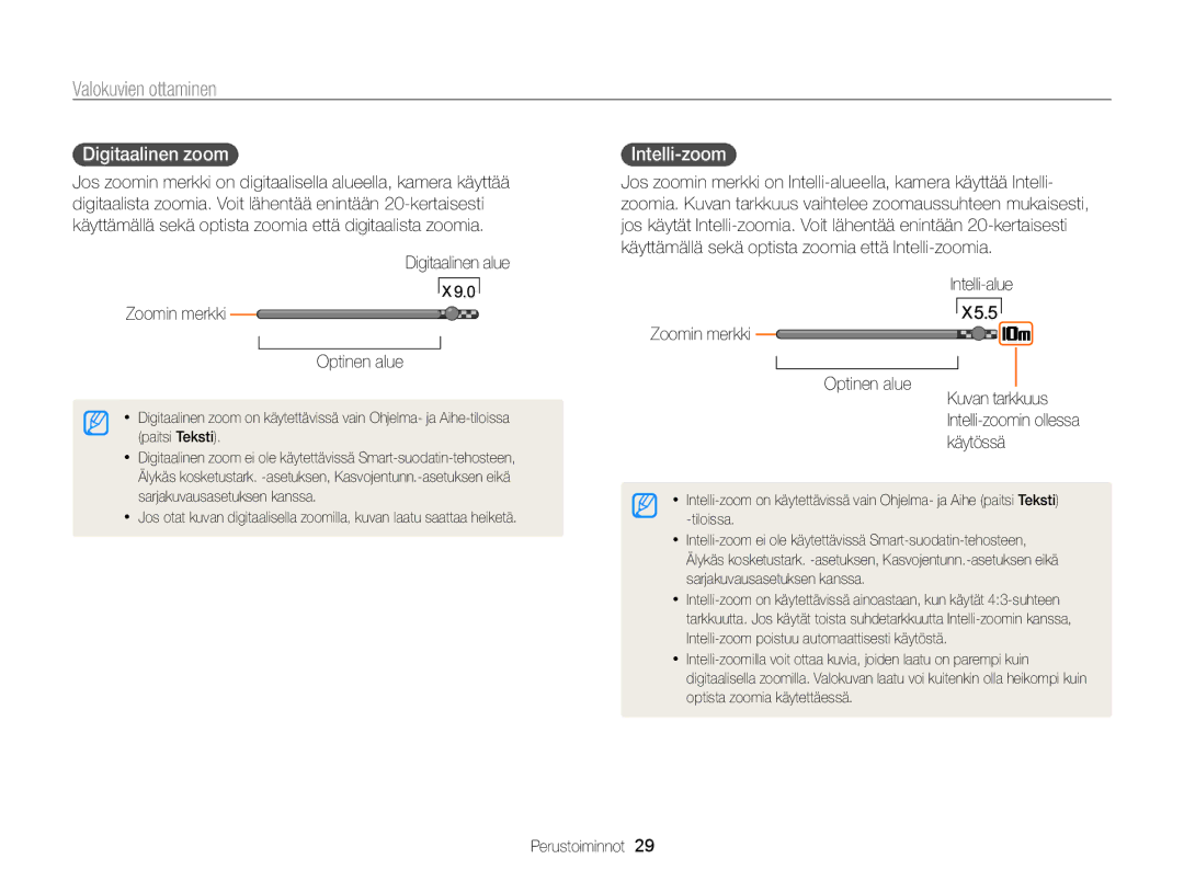 Samsung EC-ST700ZBPBE2, EC-ST700ZBPSE2 manual Digitaalinen zoom, Intelli-zoom, Digitaalinen alue Zoomin merkki Optinen alue 