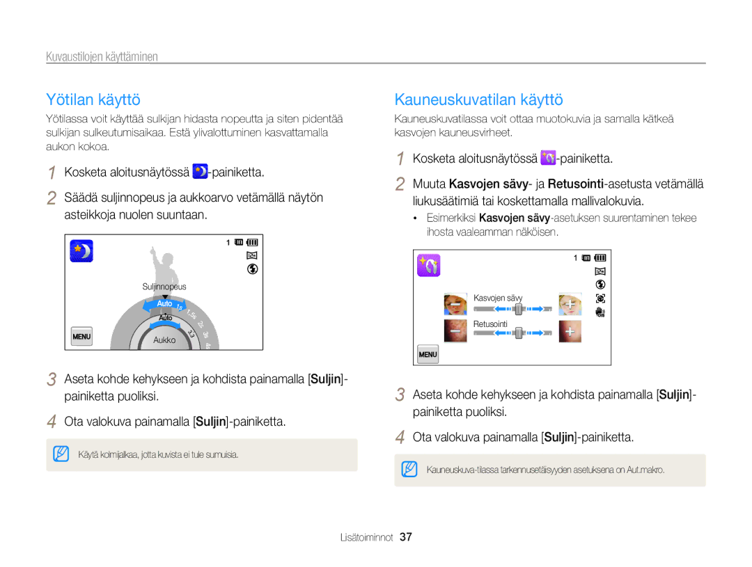 Samsung EC-ST700ZBPBE2 manual Yötilan käyttö, Kauneuskuvatilan käyttö, Liukusäätimiä tai koskettamalla mallivalokuvia 