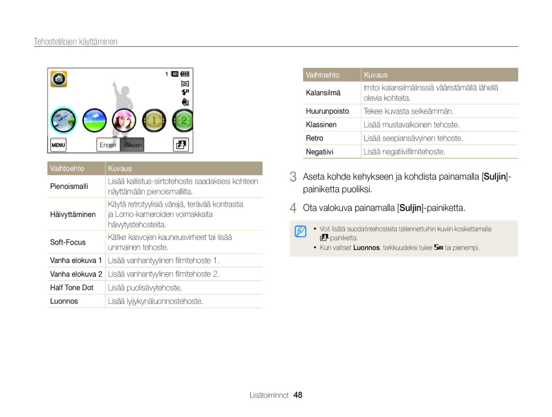 Samsung EC-ST700ZBPSE2, EC-ST700ZBPBE2 manual Tehostetilojen käyttäminen, Painiketta puoliksi, Vaihtoehto Kuvaus 