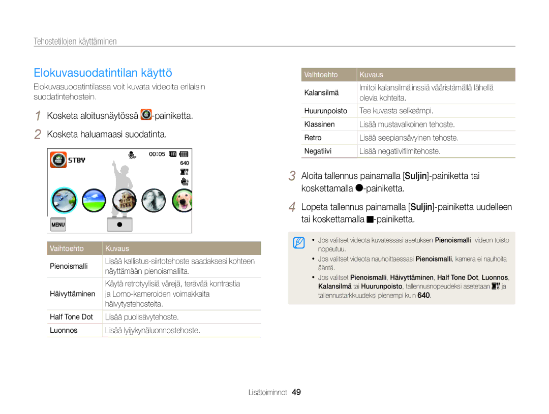 Samsung EC-ST700ZBPBE2, EC-ST700ZBPSE2 manual Elokuvasuodatintilan käyttö, Pienoismalli 