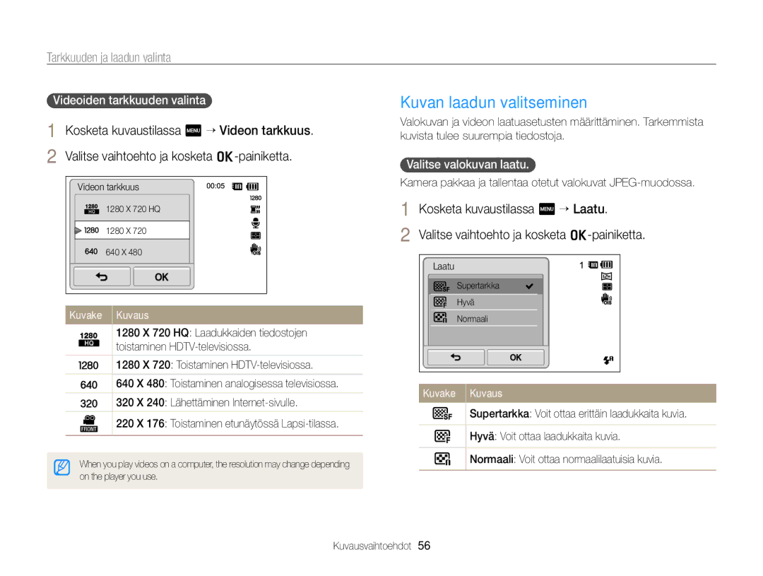 Samsung EC-ST700ZBPSE2 manual Kuvan laadun valitseminen, Tarkkuuden ja laadun valinta, Videoiden tarkkuuden valinta 