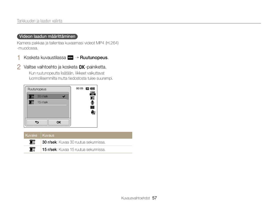 Samsung EC-ST700ZBPBE2, EC-ST700ZBPSE2 manual Videon laadun määrittäminen 