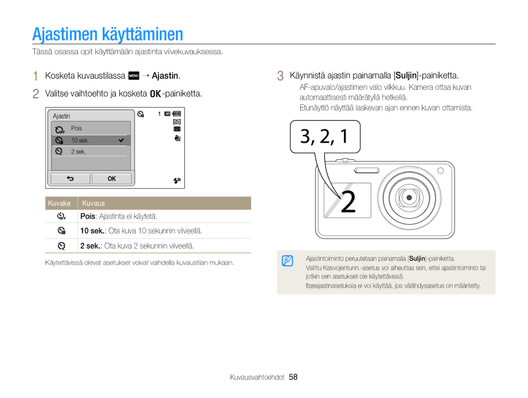 Samsung EC-ST700ZBPSE2, EC-ST700ZBPBE2 manual Ajastimen käyttäminen, Käynnistä ajastin painamalla Suljin-painiketta 