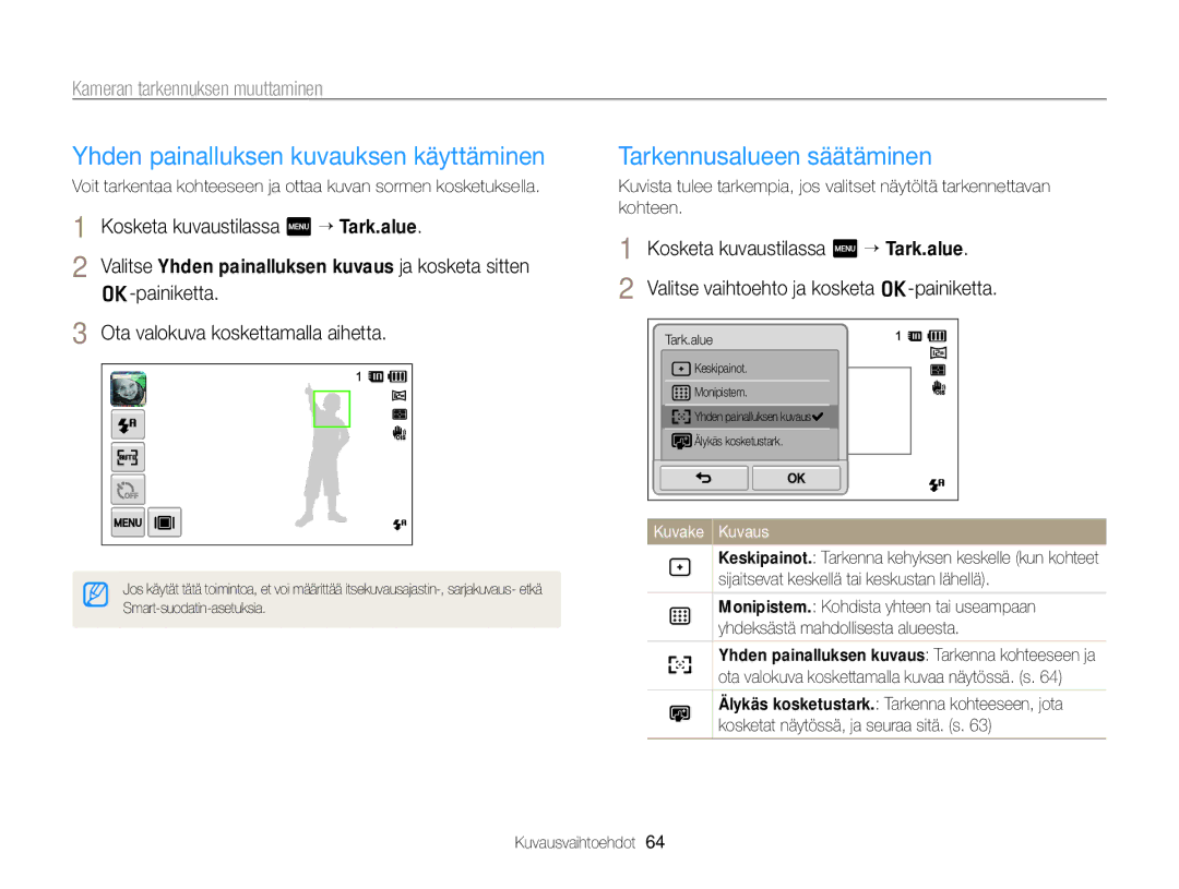 Samsung EC-ST700ZBPSE2, EC-ST700ZBPBE2 manual Yhden painalluksen kuvauksen käyttäminen, Tarkennusalueen säätäminen 