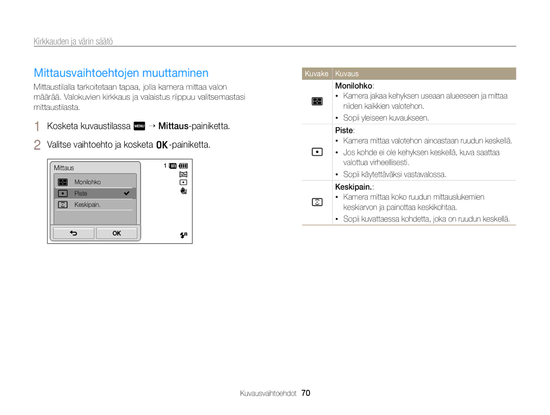 Samsung EC-ST700ZBPSE2, EC-ST700ZBPBE2 manual Mittausvaihtoehtojen muuttaminen, Kirkkauden ja värin säätö 