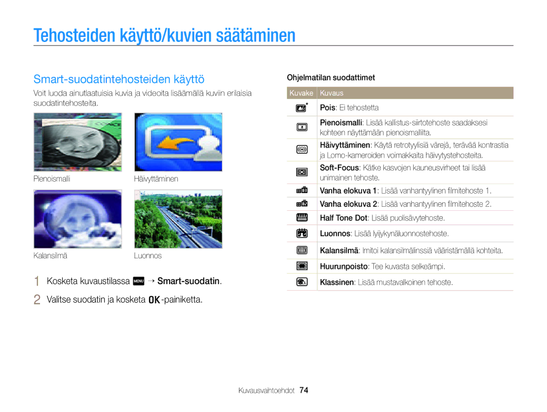 Samsung EC-ST700ZBPSE2 Tehosteiden käyttö/kuvien säätäminen, Smart-suodatintehosteiden käyttö, Ohjelmatilan suodattimet 