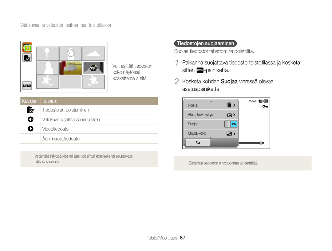 Samsung EC-ST700ZBPBE2, EC-ST700ZBPSE2 manual Tiedostojen suojaaminen 