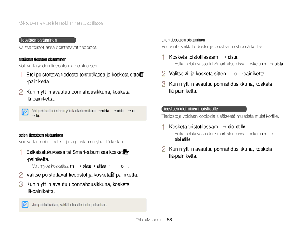 Samsung EC-ST700ZBPSE2 Esikatselukuvassa tai Smart-albumissa kosketa -painiketta, Tiedostojen kopioiminen muistikortille 