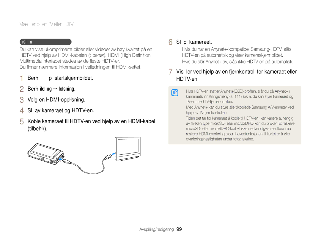 Samsung EC-ST700ZBPBE2 manual Vise ﬁler på en TV eller Hdtv, Berør Tilkobling “ HDMI-oppløsning, Velg en HDMI-oppløsning 