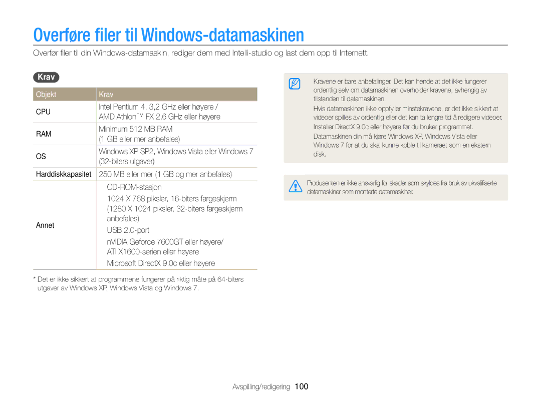 Samsung EC-ST700ZBPSE2, EC-ST700ZBPBE2 manual Overføre ﬁler til Windows-datamaskinen, Objekt Krav 