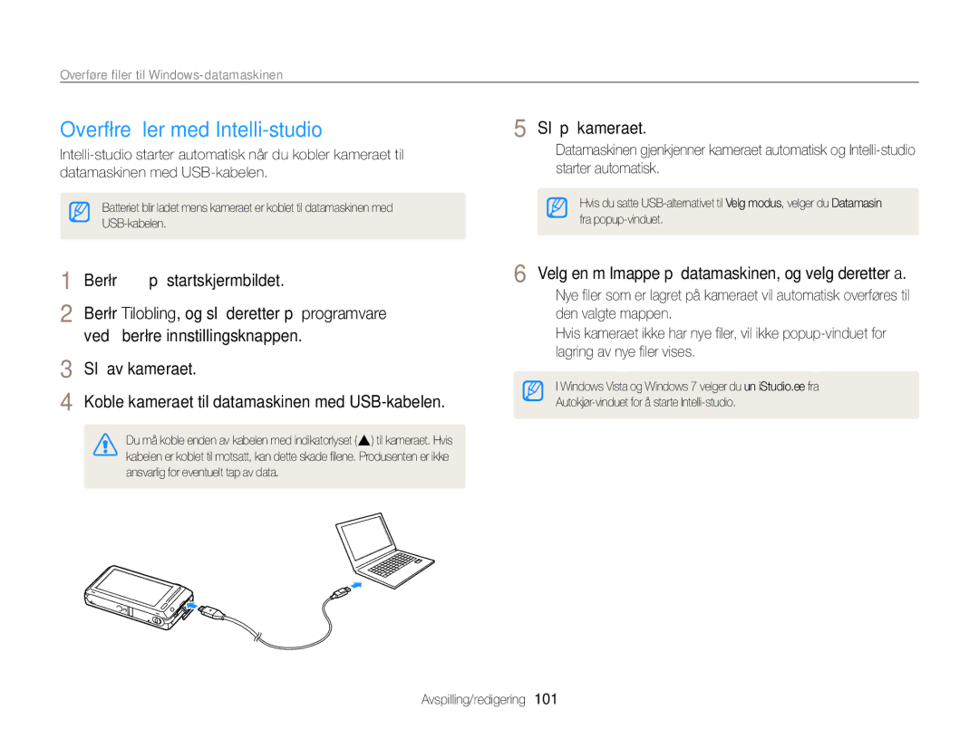 Samsung EC-ST700ZBPBE2 manual Overføre ﬁler med Intelli-studio, Overføre ﬁler til Windows-datamaskinen, Slå av kameraet 