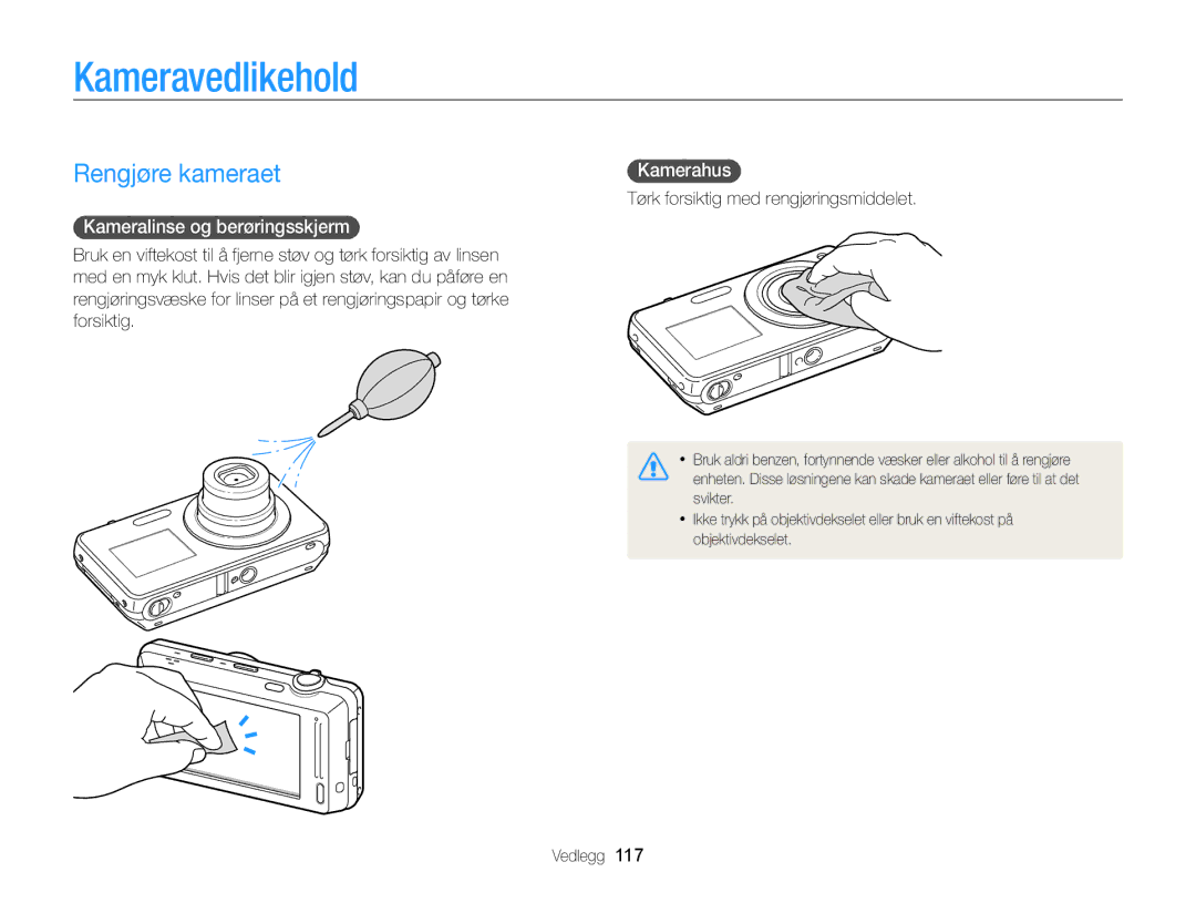 Samsung EC-ST700ZBPBE2, EC-ST700ZBPSE2 Kameravedlikehold, Rengjøre kameraet, Kameralinse og berøringsskjerm, Kamerahus 