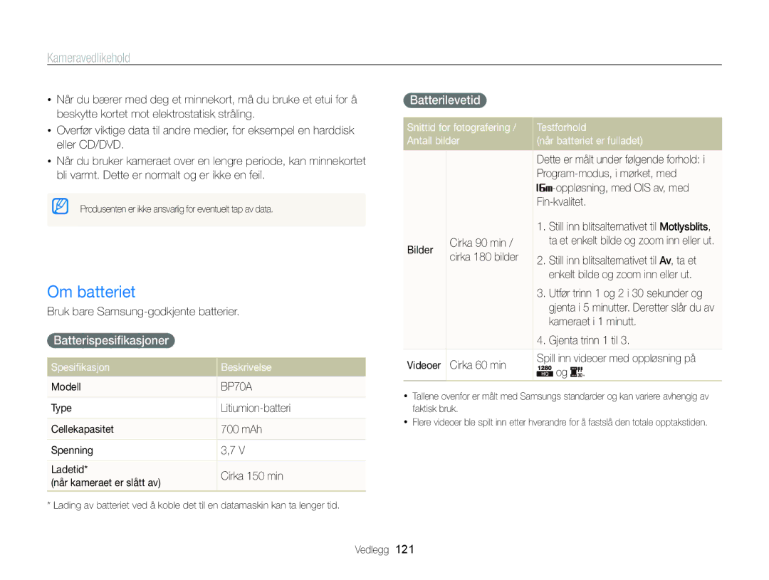 Samsung EC-ST700ZBPBE2, EC-ST700ZBPSE2 manual Om batteriet, Batterispesiﬁkasjoner, Batterilevetid, Spesiﬁkasjon Beskrivelse 