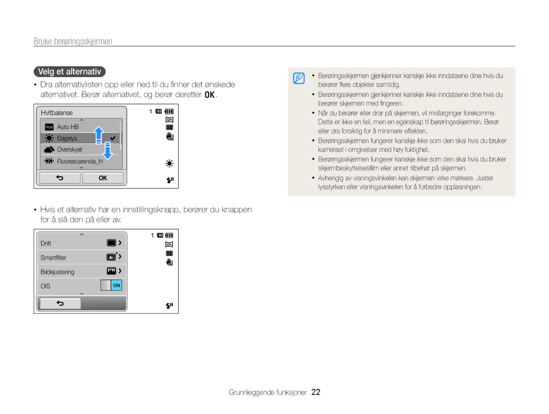 Samsung EC-ST700ZBPSE2, EC-ST700ZBPBE2 manual Bruke berøringsskjermen, Velg et alternativ 