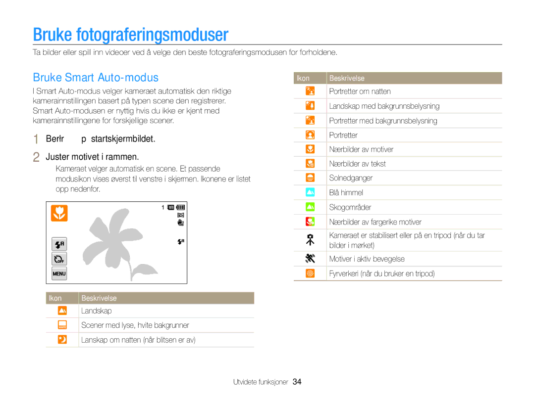 Samsung EC-ST700ZBPSE2, EC-ST700ZBPBE2 manual Bruke fotograferingsmoduser, Bruke Smart Auto-modus 