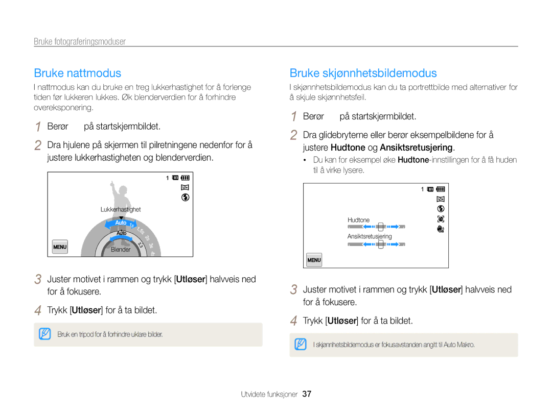 Samsung EC-ST700ZBPBE2 manual Bruke nattmodus, Bruke skjønnhetsbildemodus, Justere lukkerhastigheten og blenderverdien 