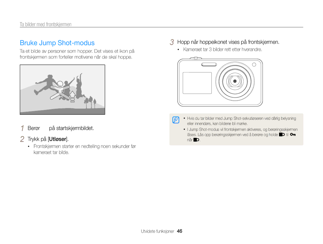 Samsung EC-ST700ZBPSE2, EC-ST700ZBPBE2 manual Bruke Jump Shot-modus, Berør på startskjermbildet Trykk på Utløser 