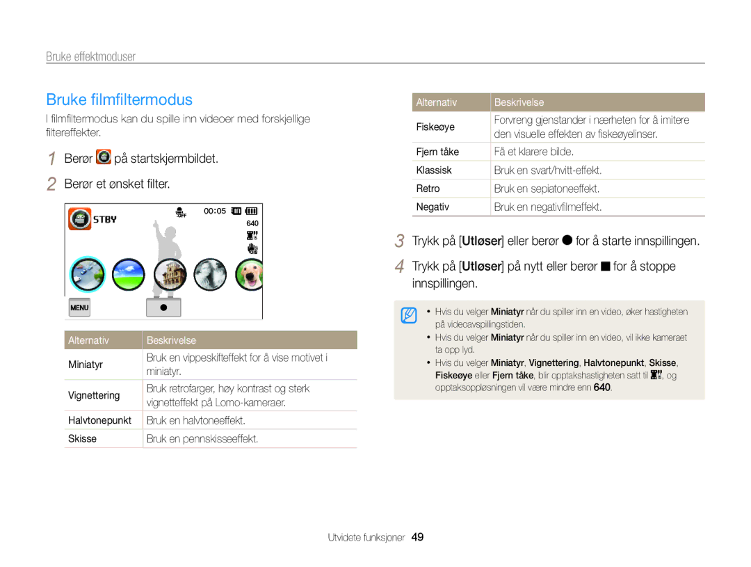 Samsung EC-ST700ZBPBE2, EC-ST700ZBPSE2 manual Bruke ﬁlmﬁltermodus 