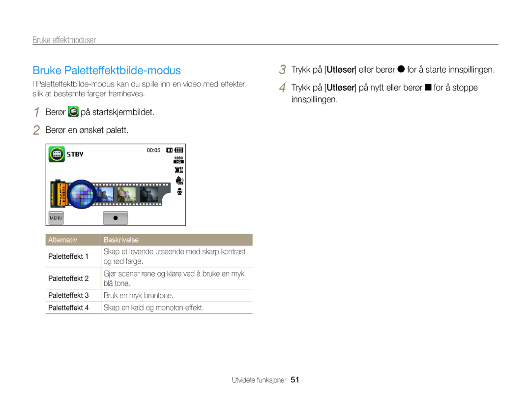 Samsung EC-ST700ZBPBE2, EC-ST700ZBPSE2 manual Bruke Paletteffektbilde-modus, Berør en ønsket palett 