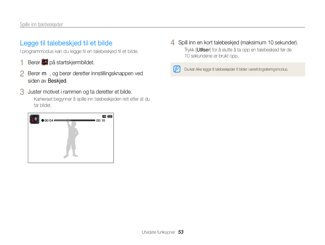 Samsung EC-ST700ZBPBE2, EC-ST700ZBPSE2 manual Legge til talebeskjed til et bilde, Spille inn talebeskjeder, Siden av Beskjed 