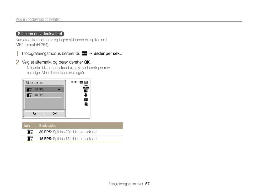 Samsung EC-ST700ZBPBE2, EC-ST700ZBPSE2 manual Stille inn en videokvalitet 