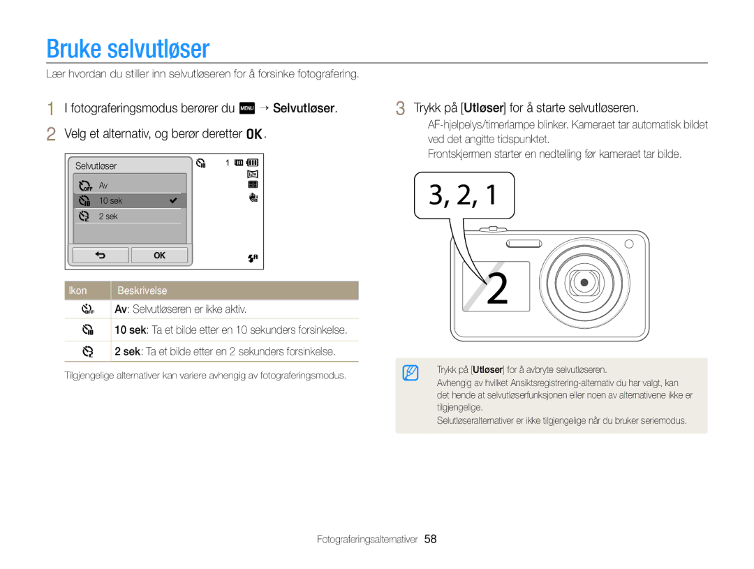 Samsung EC-ST700ZBPSE2, EC-ST700ZBPBE2 manual Bruke selvutløser, Trykk på Utløser for å starte selvutløseren, Ikon 