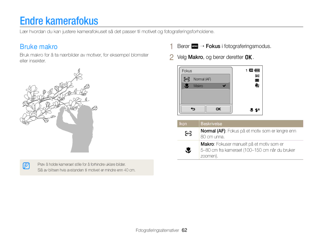 Samsung EC-ST700ZBPSE2, EC-ST700ZBPBE2 manual Endre kamerafokus, Bruke makro 