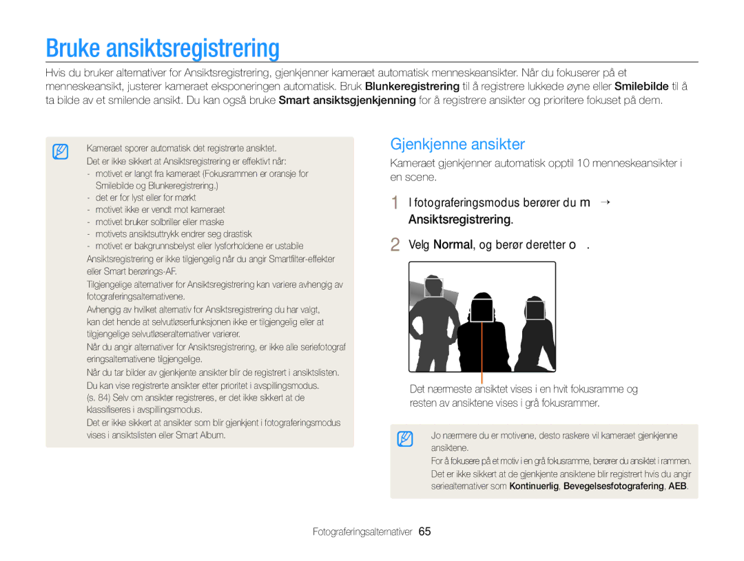 Samsung EC-ST700ZBPBE2, EC-ST700ZBPSE2 manual Bruke ansiktsregistrering, Gjenkjenne ansikter 