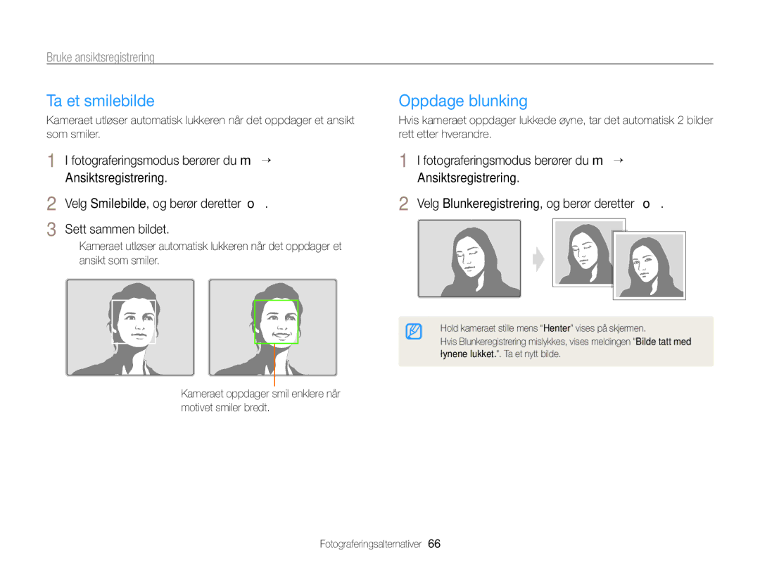 Samsung EC-ST700ZBPSE2, EC-ST700ZBPBE2 manual Ta et smilebilde, Oppdage blunking, Bruke ansiktsregistrering 