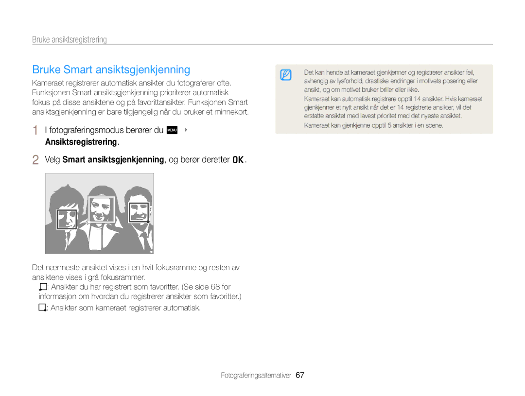 Samsung EC-ST700ZBPBE2, EC-ST700ZBPSE2 manual Bruke Smart ansiktsgjenkjenning, Ansikter som kameraet registrerer automatisk 