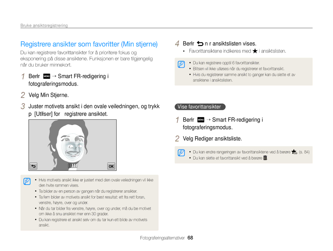 Samsung EC-ST700ZBPSE2, EC-ST700ZBPBE2 manual Registrere ansikter som favoritter Min stjerne, Berør når ansiktslisten vises 