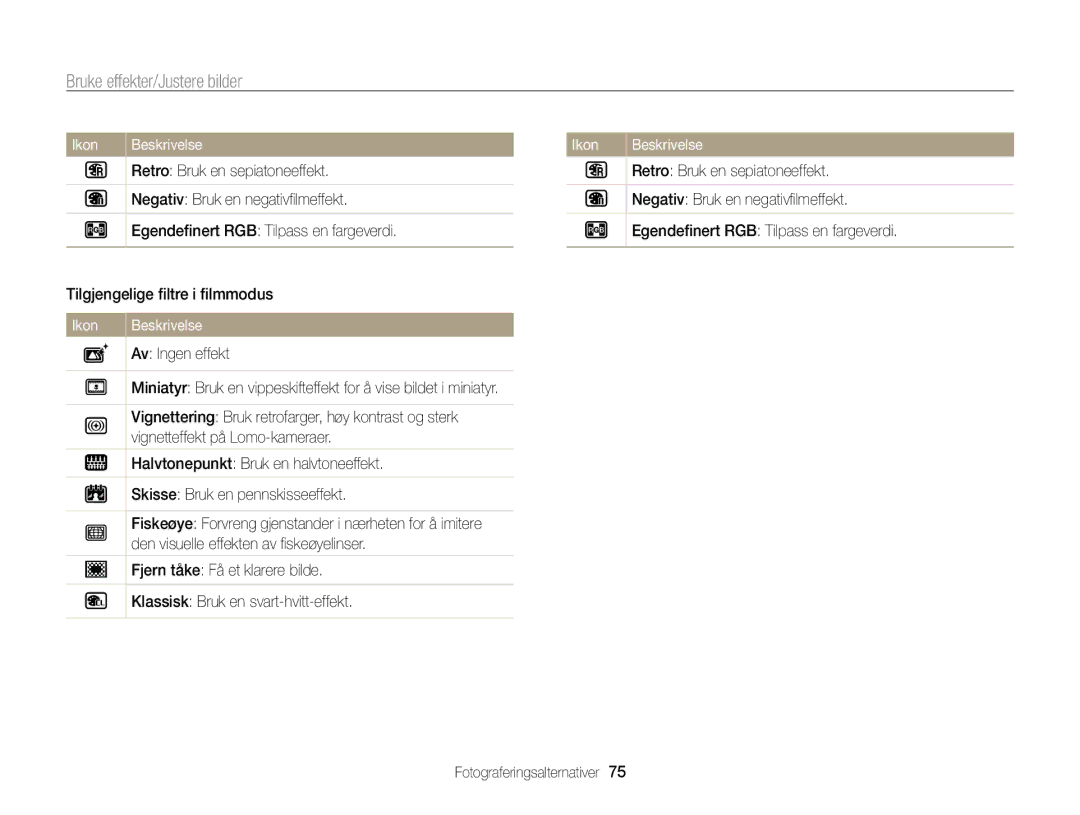 Samsung EC-ST700ZBPBE2 Bruke effekter/Justere bilder, Retro Bruk en sepiatoneeffekt, Negativ Bruk en negativﬁlmeffekt 