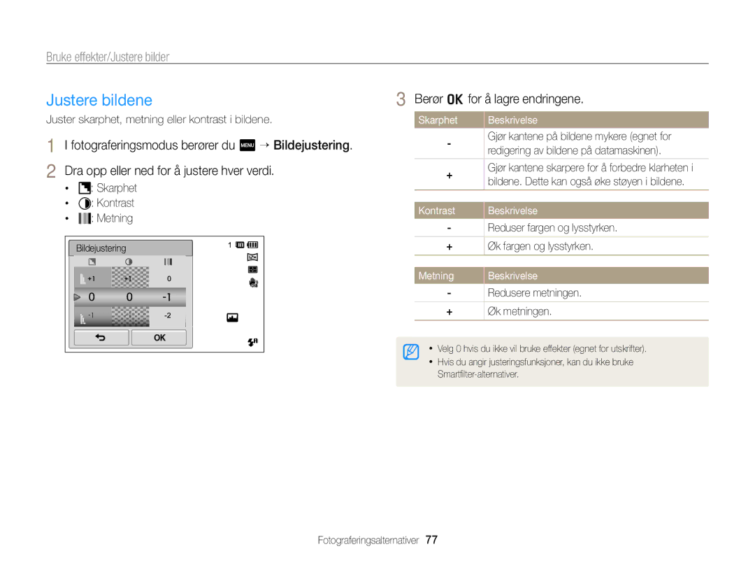 Samsung EC-ST700ZBPBE2, EC-ST700ZBPSE2 manual Justere bildene, Berør o for å lagre endringene, Kontrast Beskrivelse, Metning 