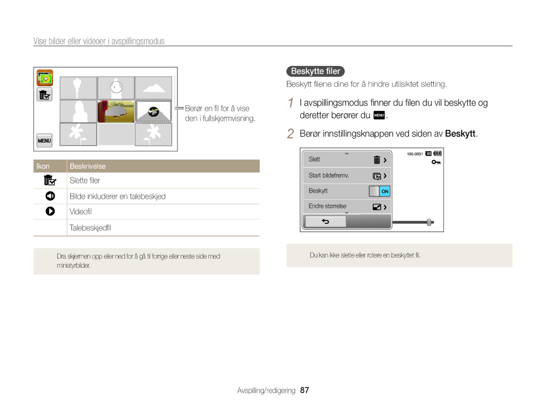 Samsung EC-ST700ZBPBE2, EC-ST700ZBPSE2 manual Beskytte ﬁler, Slette ﬁler, Videoﬁl, Talebeskjedﬁl 