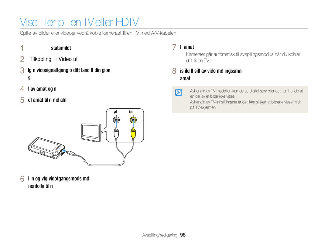 Samsung EC-ST700ZBPSE2 manual Vise ﬁler på en TV eller Hdtv, Berør På startskjermbildet Berør Tilkobling “ Video ut 