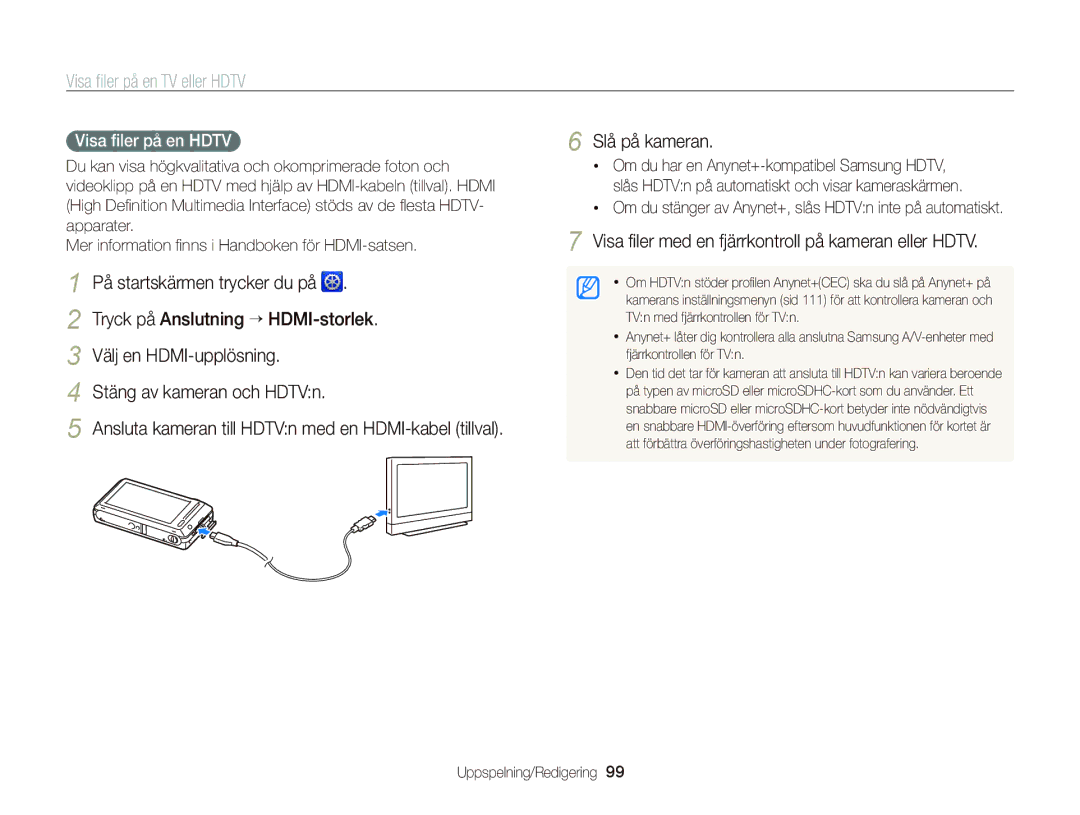 Samsung EC-ST700ZBPBE2 manual Visa ﬁler på en TV eller Hdtv, Tryck på Anslutning “ HDMI-storlek, Välj en HDMI-upplösning 