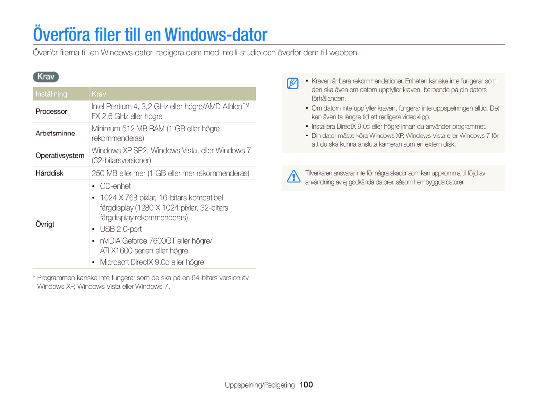 Samsung EC-ST700ZBPSE2, EC-ST700ZBPBE2 manual Överföra ﬁler till en Windows-dator, Inställning Krav 