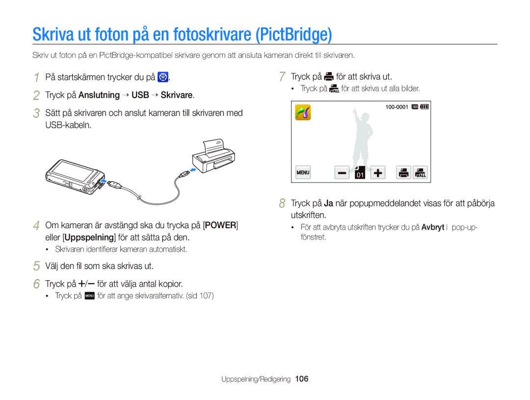 Samsung EC-ST700ZBPSE2, EC-ST700ZBPBE2 manual Skriva ut foton på en fotoskrivare PictBridge 