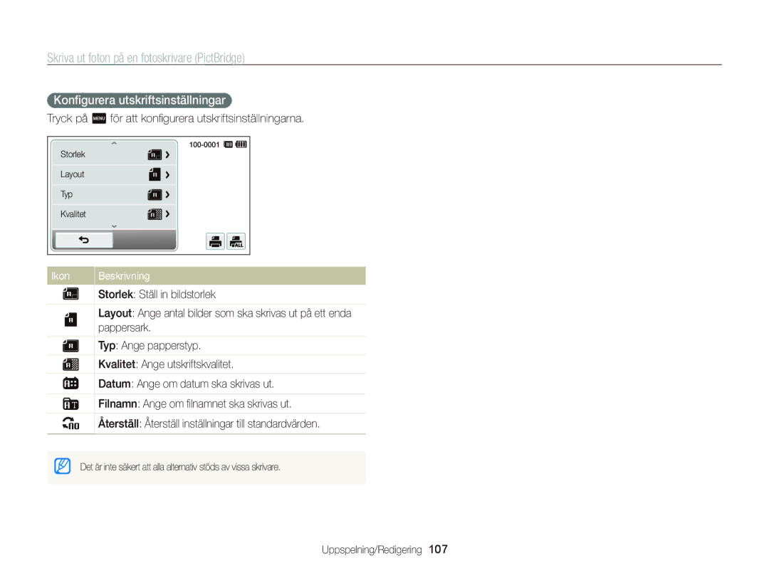 Samsung EC-ST700ZBPBE2, EC-ST700ZBPSE2 Skriva ut foton på en fotoskrivare PictBridge, Konﬁgurera utskriftsinställningar 
