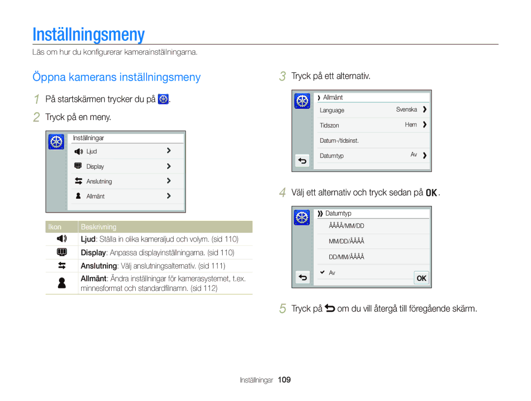 Samsung EC-ST700ZBPBE2, EC-ST700ZBPSE2 manual Inställningsmeny, Öppna kamerans inställningsmeny 