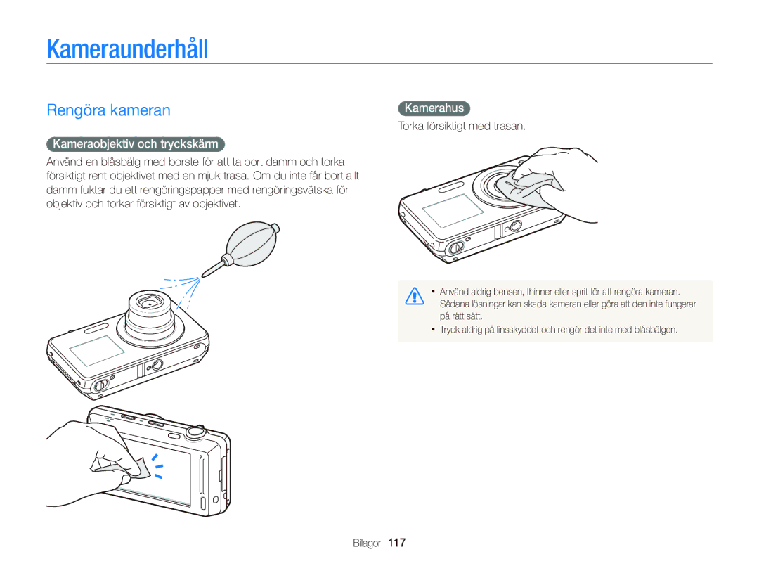 Samsung EC-ST700ZBPBE2, EC-ST700ZBPSE2 manual Kameraunderhåll, Rengöra kameran, Kameraobjektiv och tryckskärm, Kamerahus 