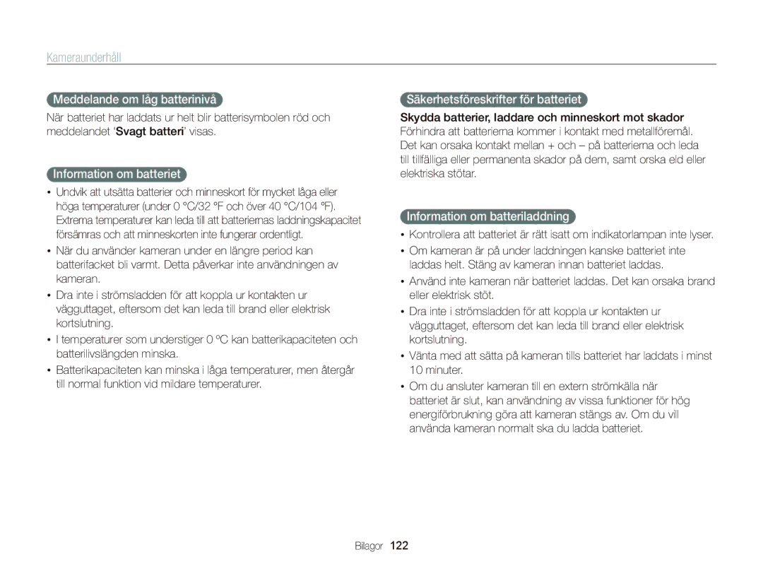 Samsung EC-ST700ZBPSE2 manual Meddelande om låg batterinivå, Information om batteriet, Säkerhetsföreskrifter för batteriet 