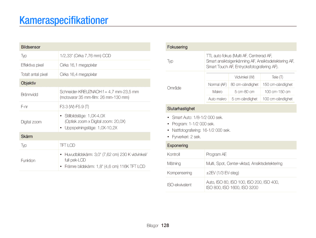 Samsung EC-ST700ZBPSE2, EC-ST700ZBPBE2 manual Kameraspeciﬁkationer 