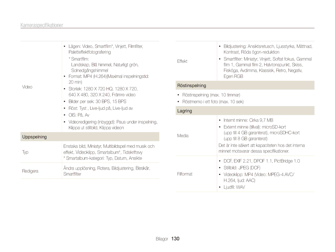 Samsung EC-ST700ZBPSE2, EC-ST700ZBPBE2 manual Kameraspecifikationer 