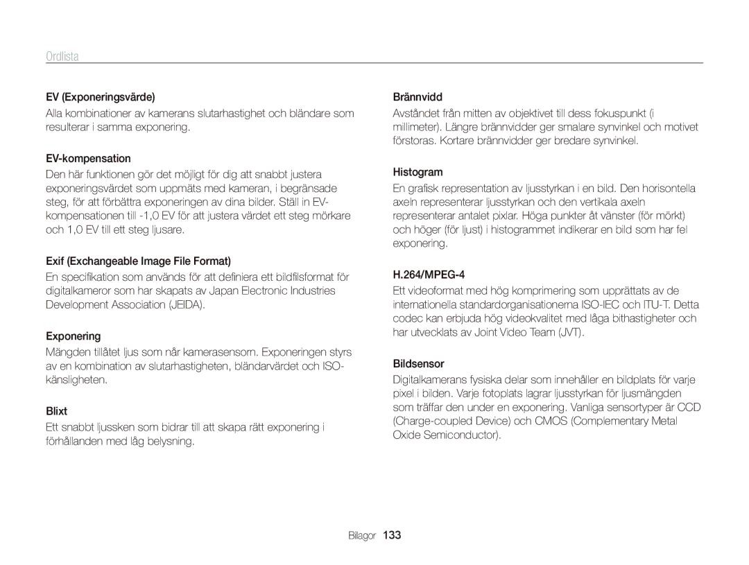 Samsung EC-ST700ZBPBE2, EC-ST700ZBPSE2 manual Ordlista 