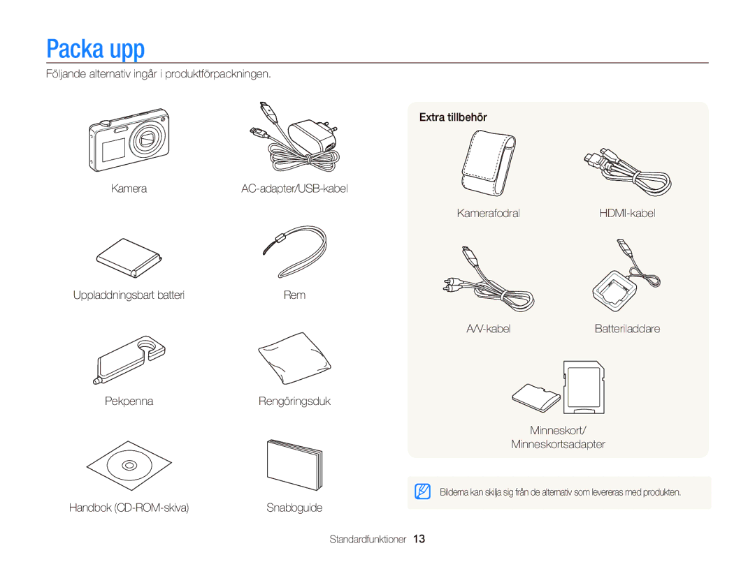 Samsung EC-ST700ZBPBE2, EC-ST700ZBPSE2 manual Packa upp, Pekpenna, Handbok CD-ROM-skiva, Standardfunktioner 