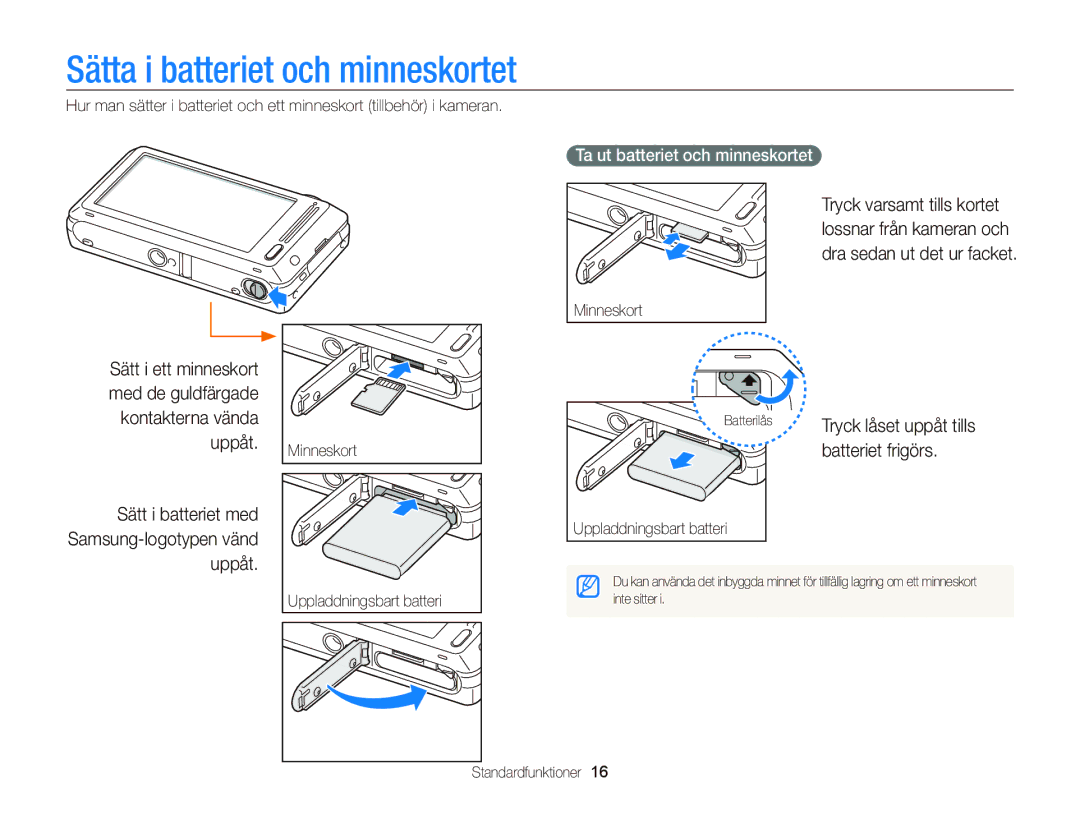 Samsung EC-ST700ZBPSE2 manual Sätta i batteriet och minneskortet, Sätt i batteriet med Samsung-logotypen vänd uppåt 